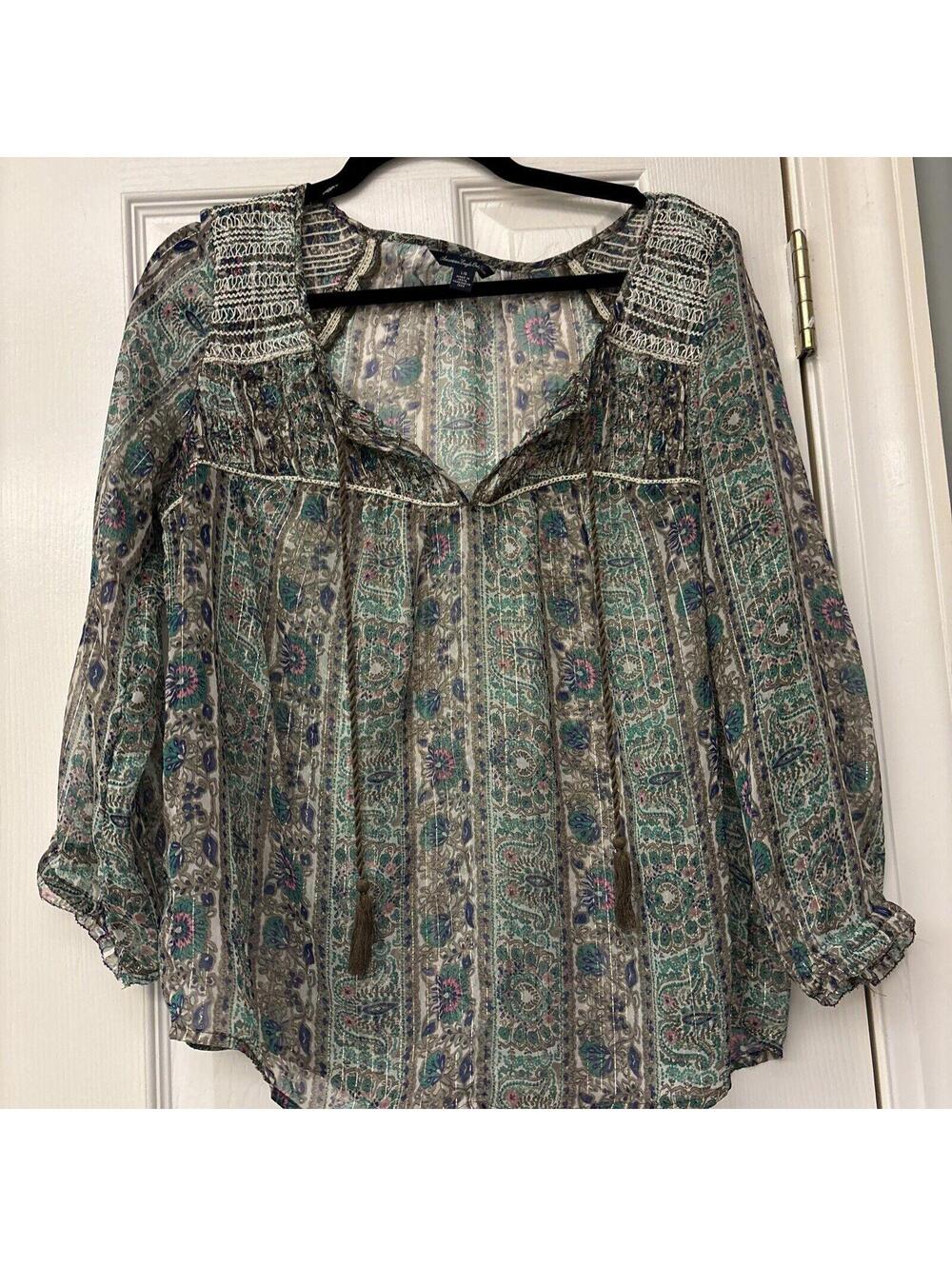 American Eagle Paisley Print Peasant Boho Drape Three Quarter Sleeve Top Large